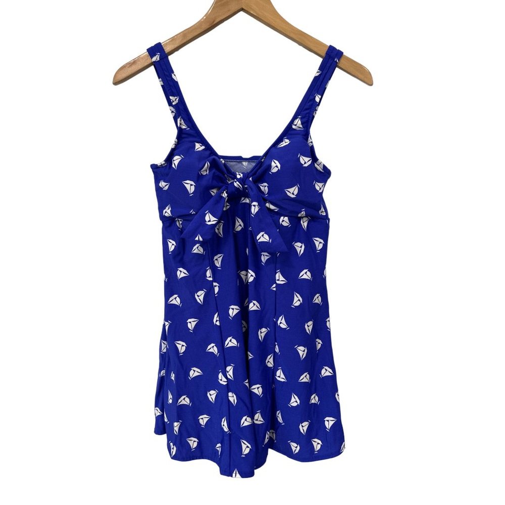 Vintage Sailboat Swimsuit Dress Womens 14 Blue White Retro Vintage 1-Piece Skirt